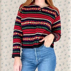 Vintage Multi Colored Fair Isle Henley Style Crewneck Sweater